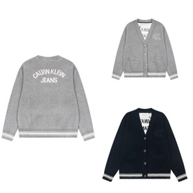 Calvin Klein (CK) Letter Jacquard Color Block Button V-Neck Knit Cardigan-6373  